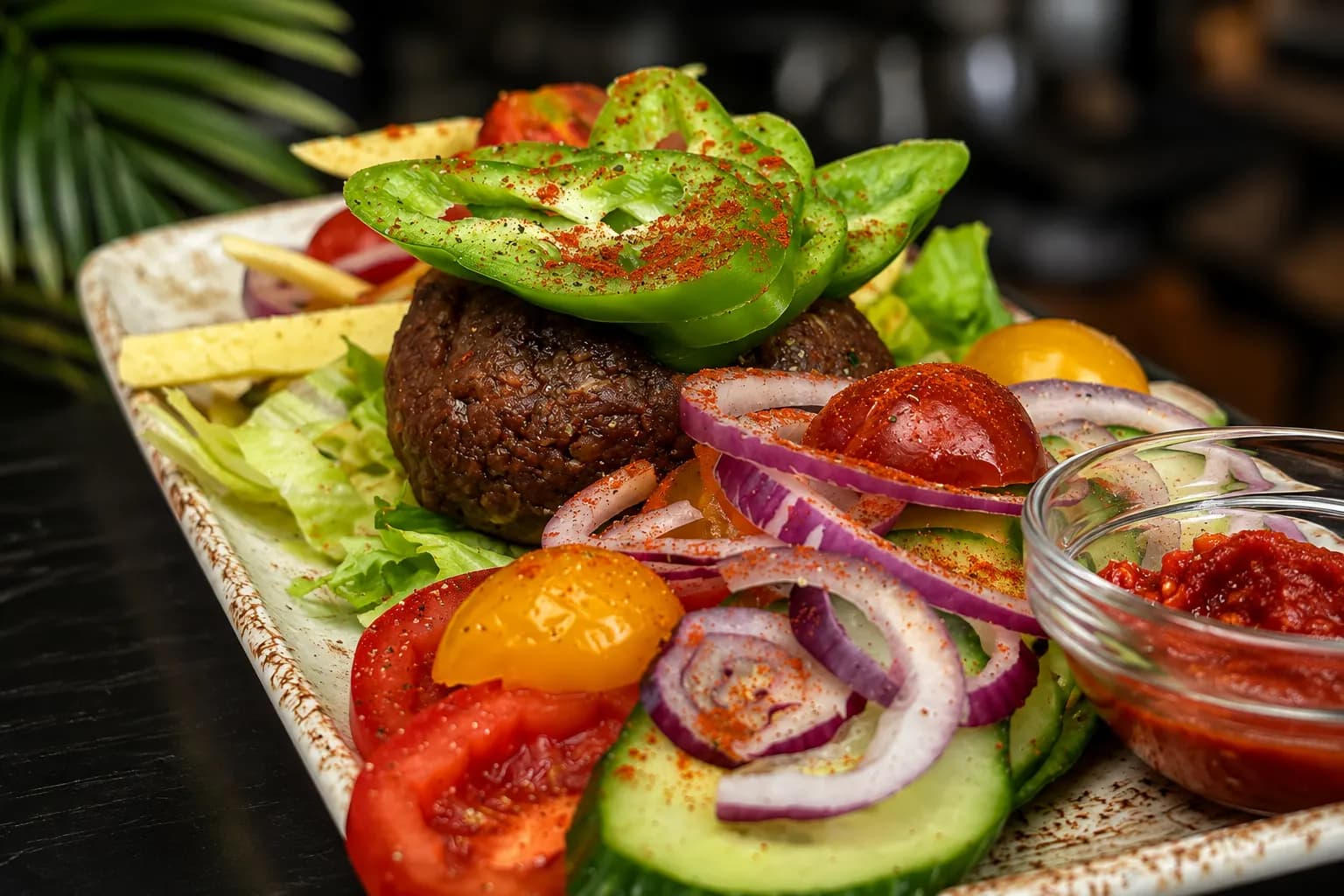 Tatár Beefsteak (150g), friss zöldségekkel, vajjal és pirítós kenyérrel