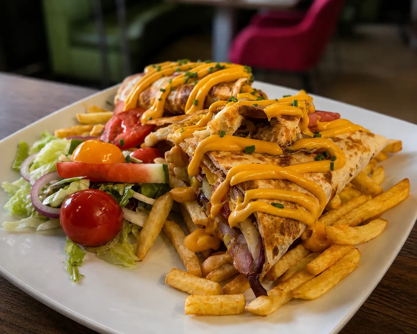 Csirkés Tortilla, roston csirkemellel, cheddar sajttal, friss zöldségekkel, házi szósszal, és hasábburgonyával